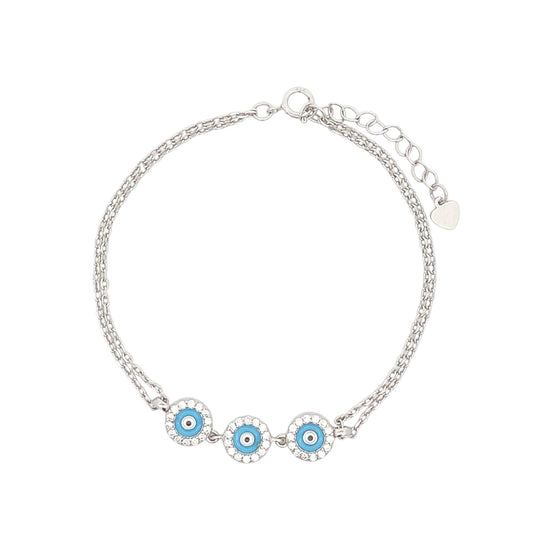 Double Layered Sky Blue Evil Eye Bracelet (Pure Silver) - Silver