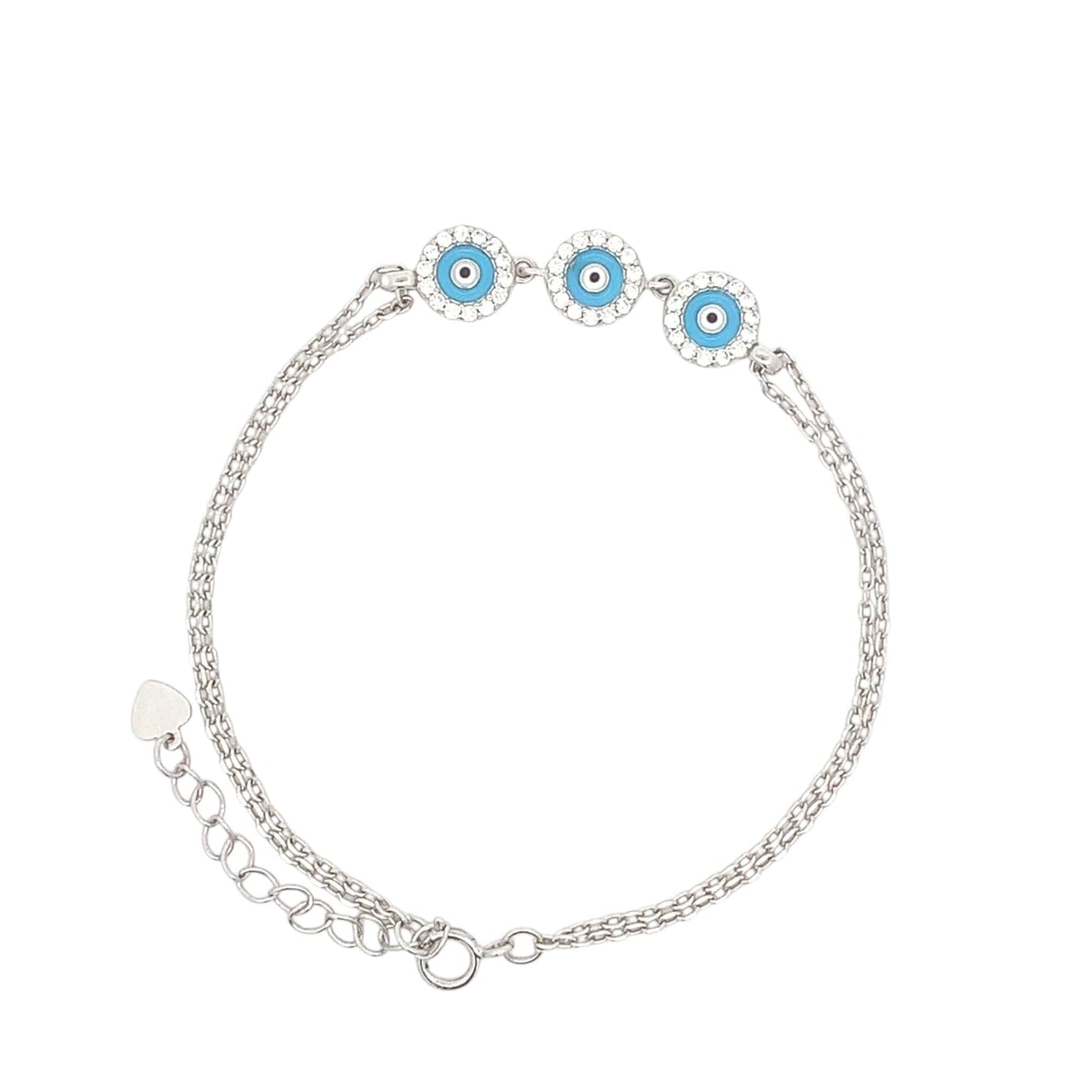 Double Layered Sky Blue Evil Eye Bracelet (Pure Silver) - Silver