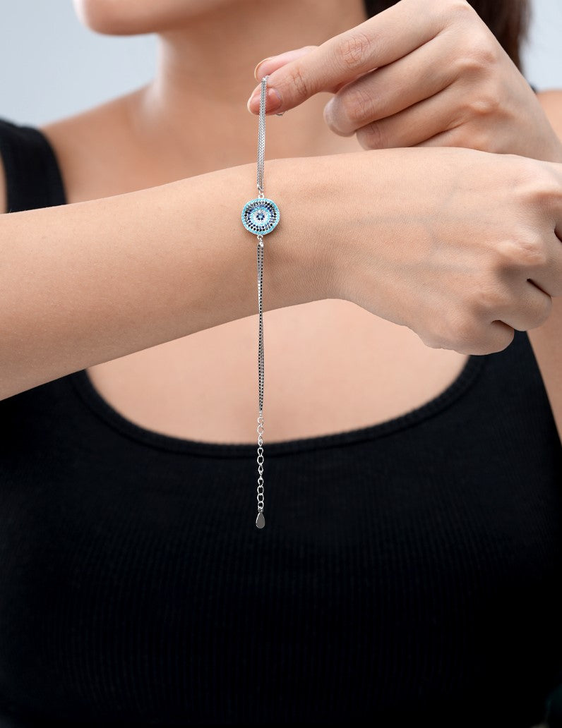 Double Layered Big Round Evil Eye Bracelet Silver