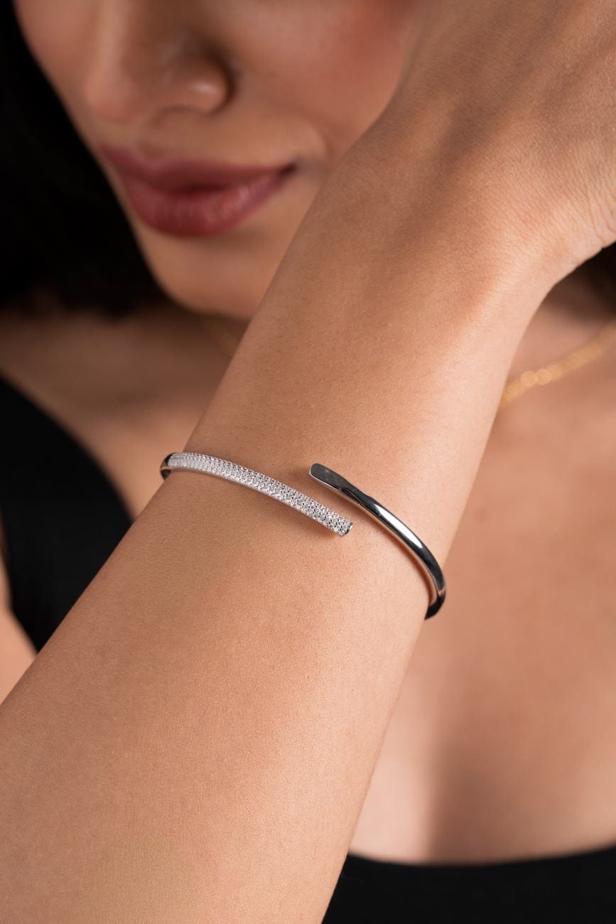 Zirconia Cuff Bracelet (Pure Silver) - Silver