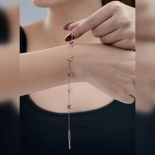 Pink & White Butterfly Bracelet (Pure Silver) - Rose Gold