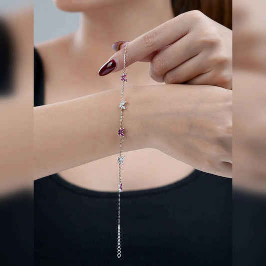 Pink & White Butterfly Bracelet (Pure Silver) - Silver