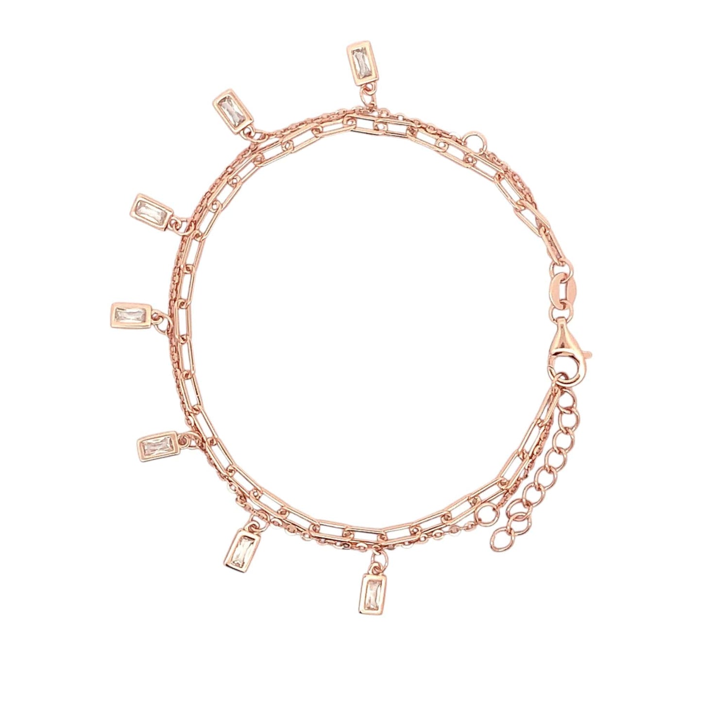 Double Layer Baguette Dangle Drop Bracelet (Pure Silver) -  Rose Gold