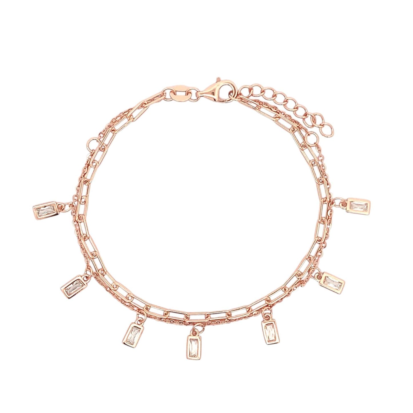 Double Layer Baguette Dangle Drop Bracelet (Pure Silver) -  Rose Gold