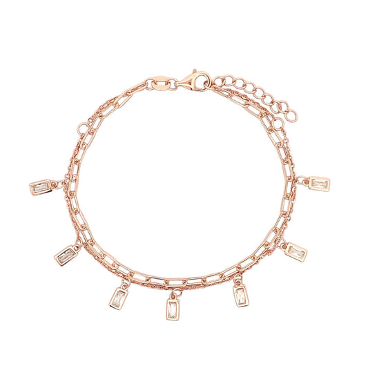 Double Layer Baguette Dangle Drop Bracelet (Pure Silver) -  Rose Gold