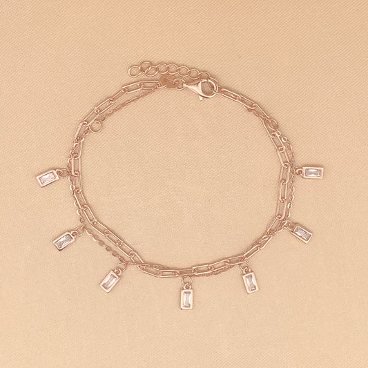 Double Layer Baguette Dangle Drop Bracelet (Pure Silver) -  Rose Gold