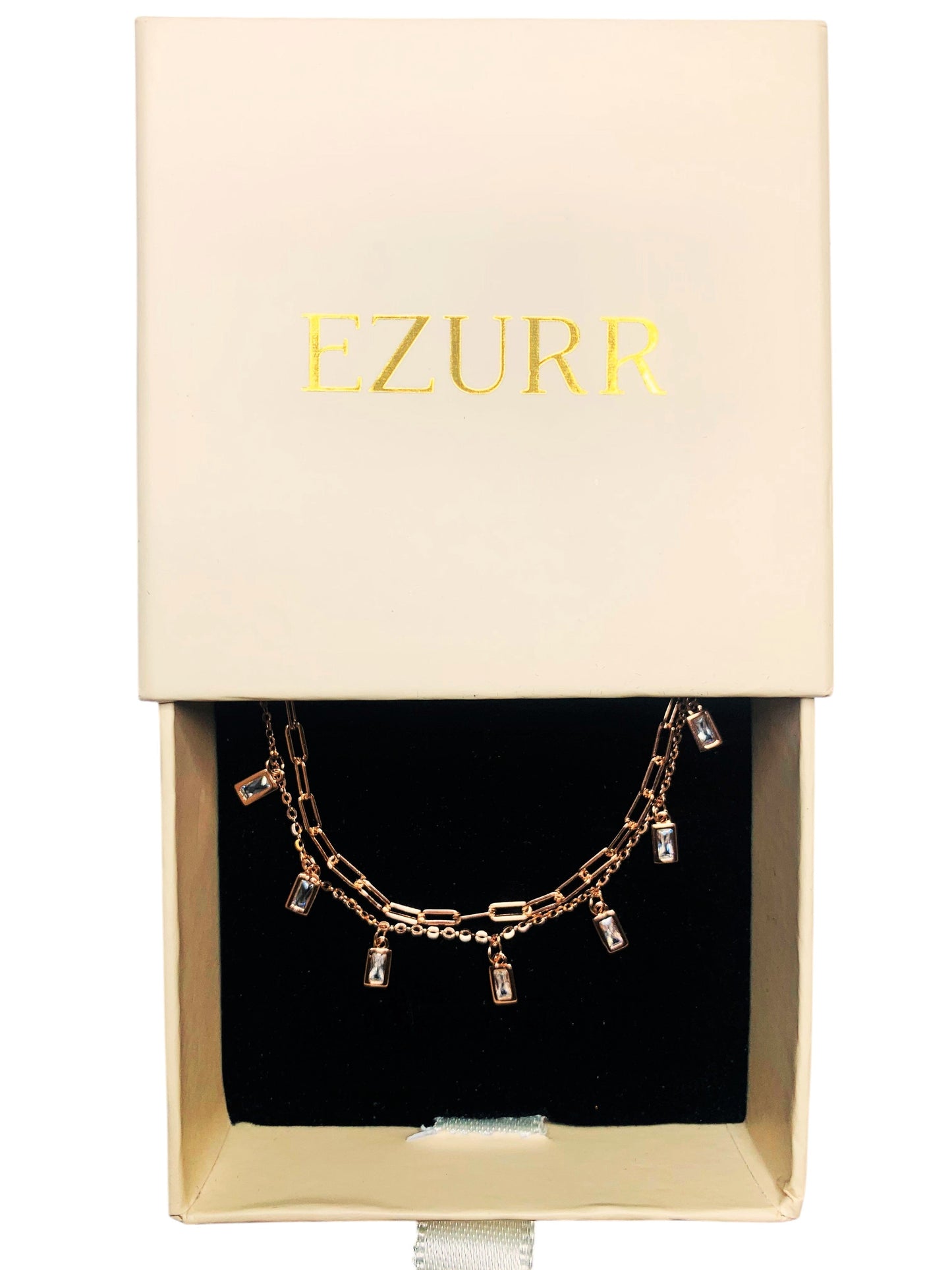 Double Layer Baguette Dangle Drop Bracelet (Pure Silver) -  Rose Gold