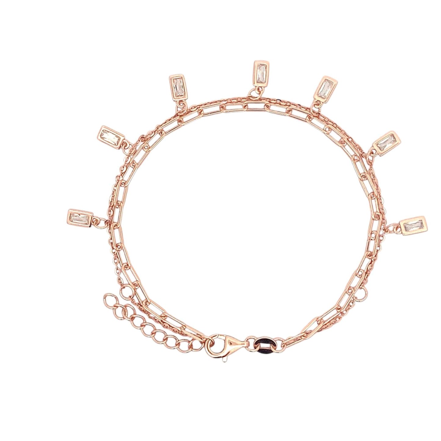 Double Layer Baguette Dangle Drop Bracelet (Pure Silver) -  Rose Gold
