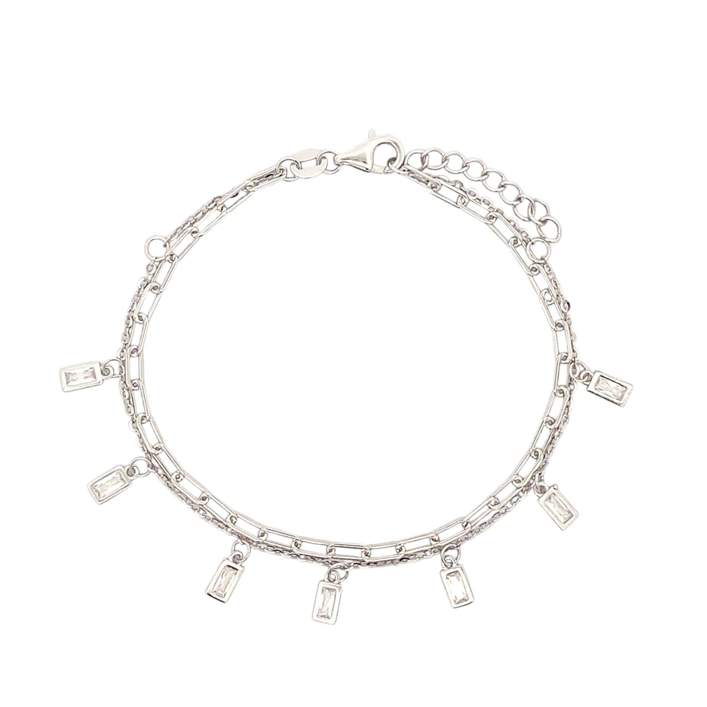 Double Layer Baguette Dangle Drop Bracelet (Pure Silver) -  Silver