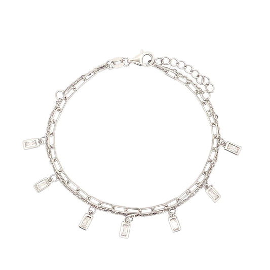 Double Layer Baguette Dangle Drop Bracelet (Pure Silver) -  Silver