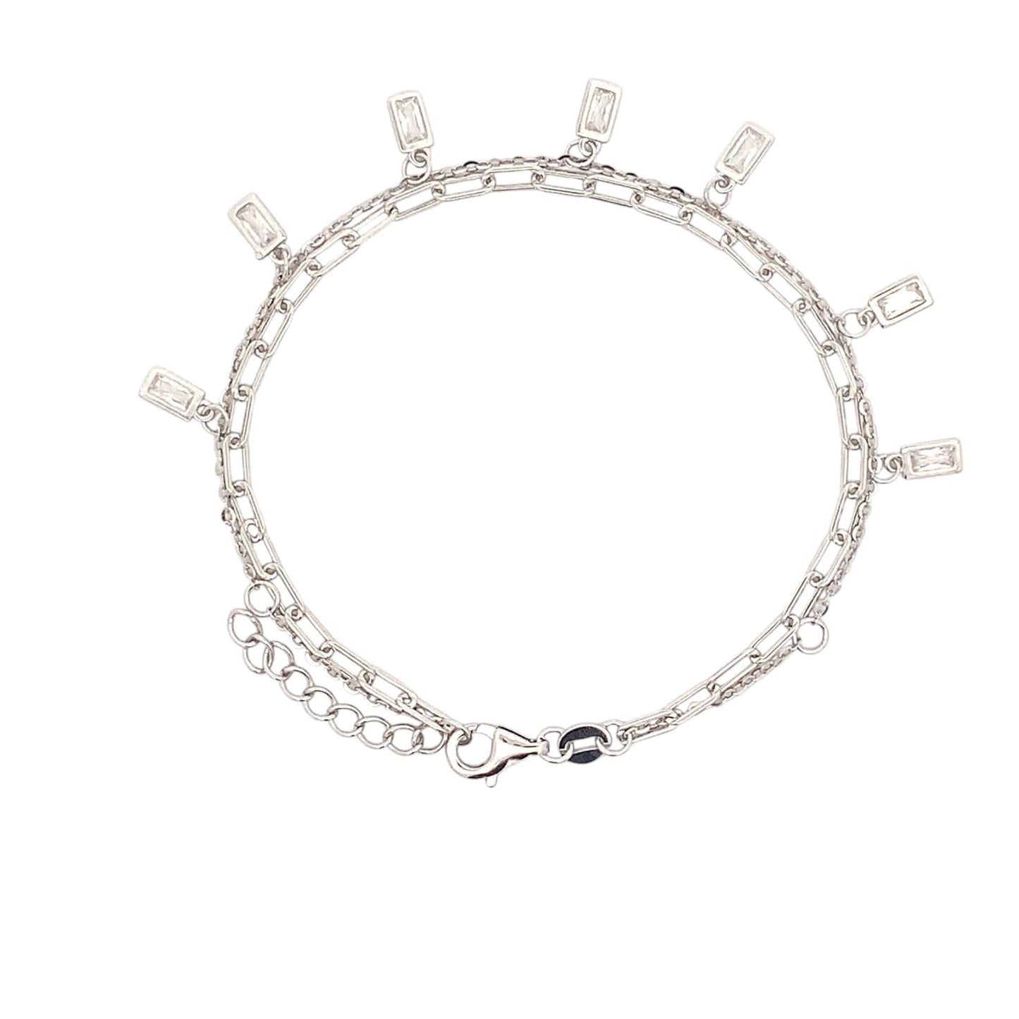 Double Layer Baguette Dangle Drop Bracelet (Pure Silver) -  Silver