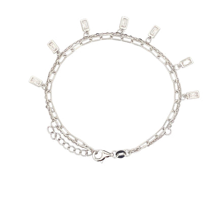 Double Layer Baguette Dangle Drop Bracelet (Pure Silver) -  Silver