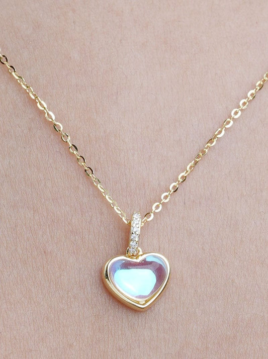 Rainbow Moonstone Heart Pendant Chain Gold