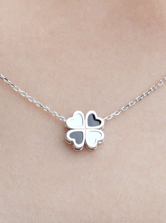 Black and White Clover Pendant Chain Silver