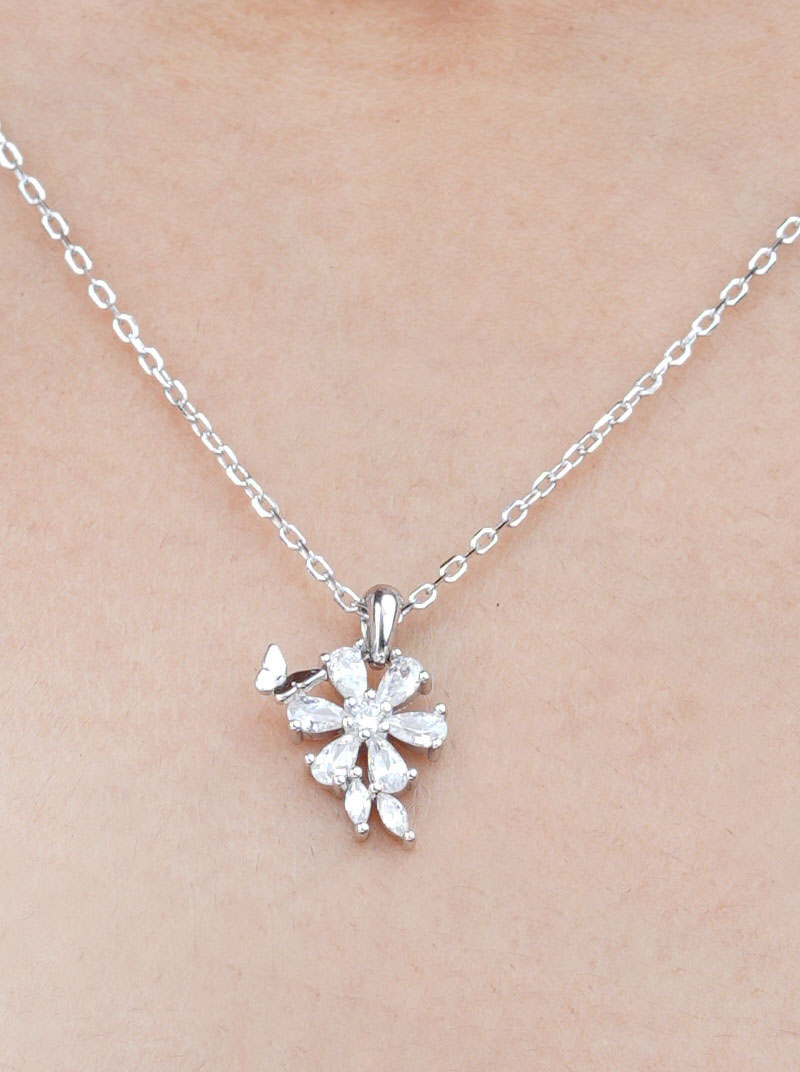 Flower with Tiny Butterfly Pendant Chain Silver