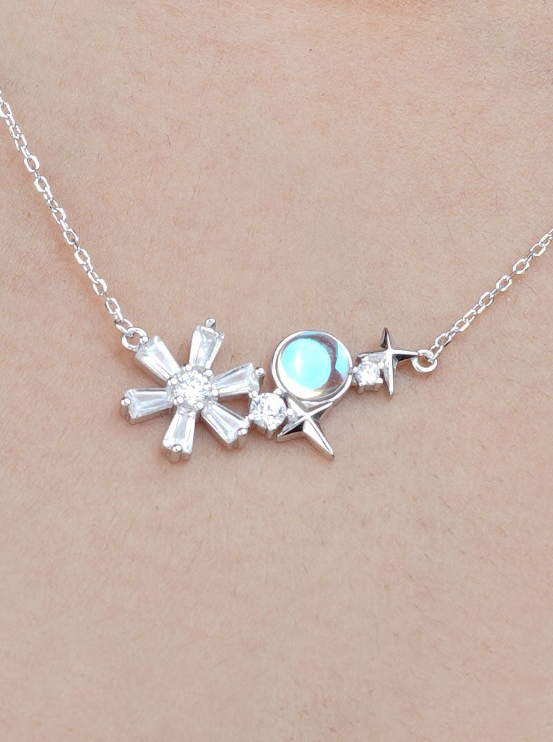 Snow Flower, Moon and Stars Pendant Chain Silver