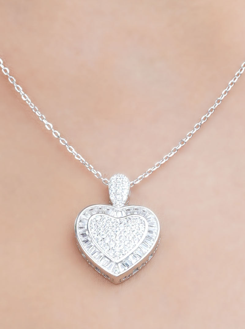 Baguette Big Heart Pendant Chain Silver