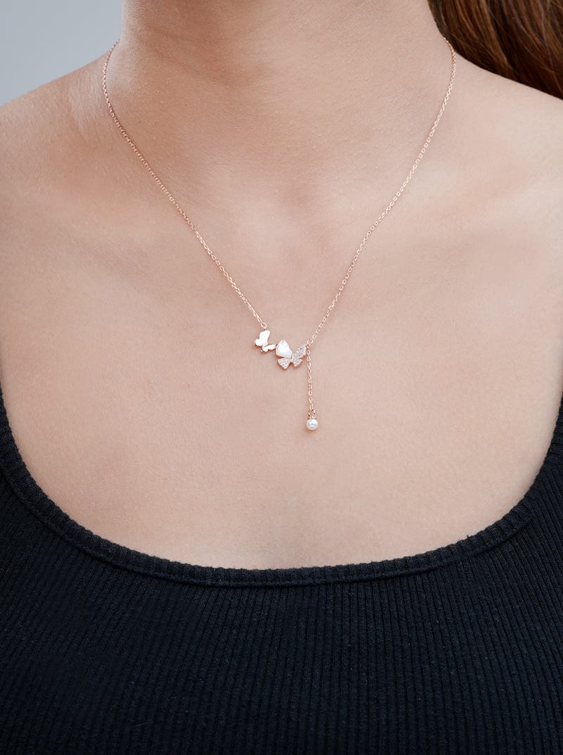 Duo Butterfly With Pearl Drop Pendant Chain (Pure Silver)