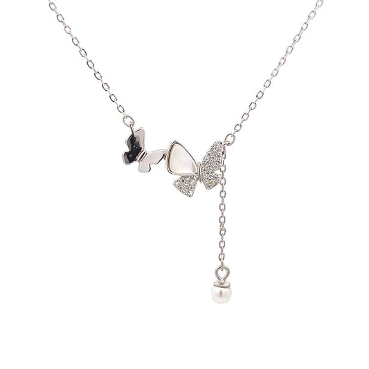 Duo Butterfly With Pearl Drop Pendant Chain (Pure Silver) - Silver