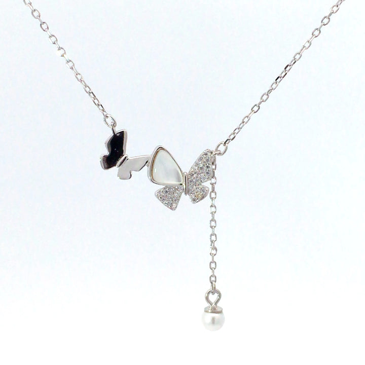 Duo Butterfly With Pearl Drop Pendant Chain Silver