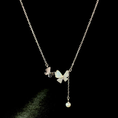 Duo Butterfly With Pearl Drop Pendant Chain