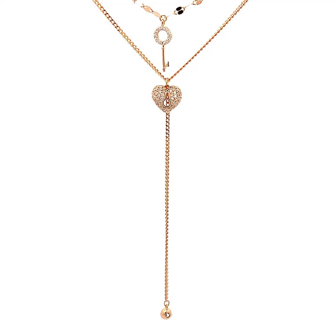 Double Layer Heart Lock and Key Pendant Chain (Pure Silver) - Rose Gold