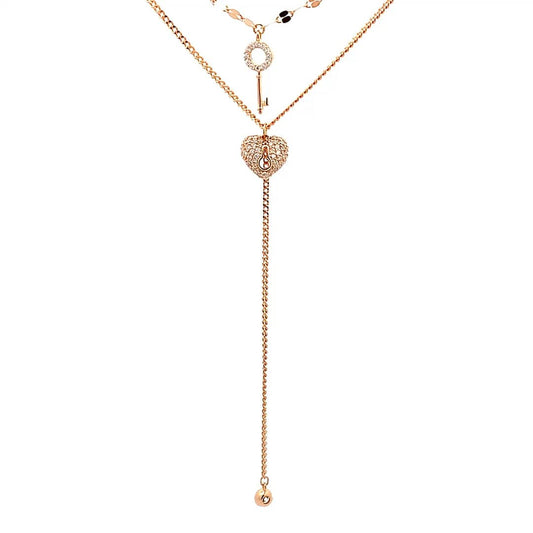 Double Layer Heart Lock and Key Pendant Chain (Pure Silver) - Rose Gold