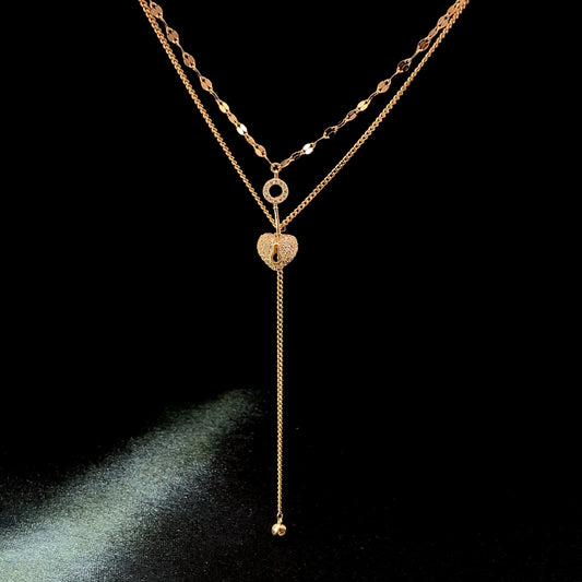 Double Layer Heart Lock and Key Pendant Chain Rose Gold