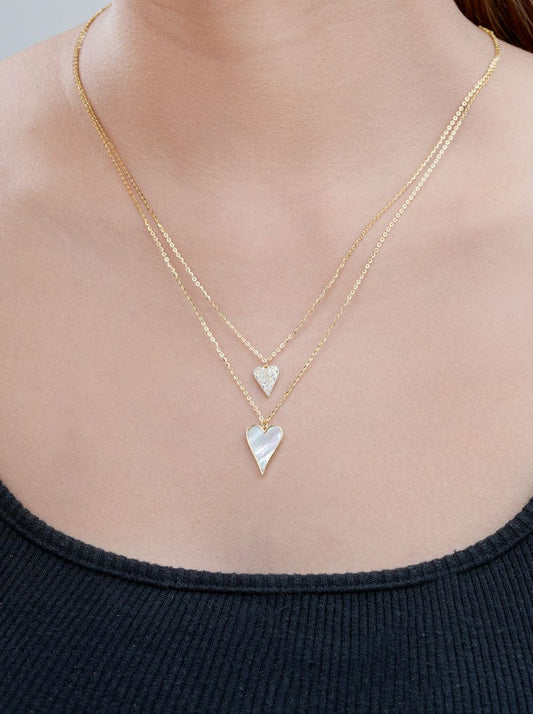 Double Layer Pave Heart Pendant Chain (Pure Silver) - Gold