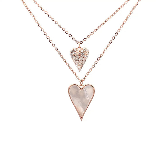 Double Layer Pave Heart Pendant Chain (Pure Silver) - Rose Gold