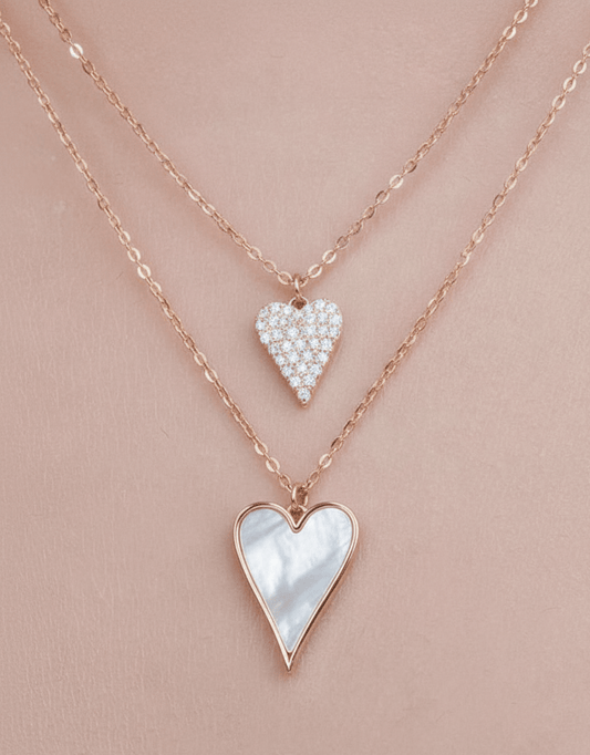 Double Layer Pave Heart Pendant Chain (Pure Silver) - Rose Gold