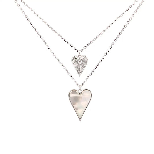 Double Layer Pave Heart Pendant Chain (Pure Silver) - Silver
