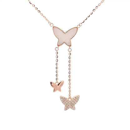 Exquisite Drop Butterfly Pendant Chain (Pure Silver) - Rose Gold