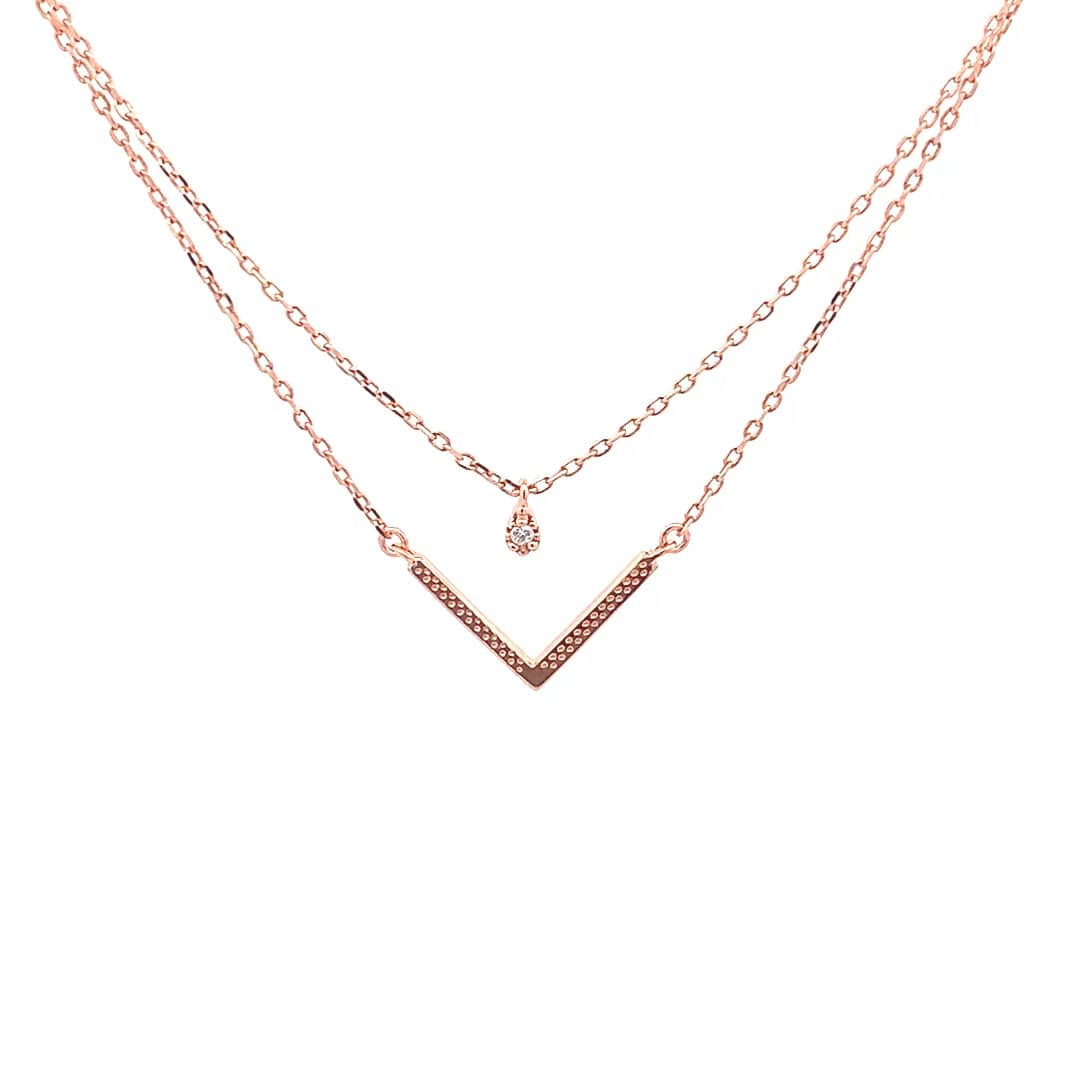 Zircon and V Layered Pendant Chain (Pure Silver) - Rose Gold