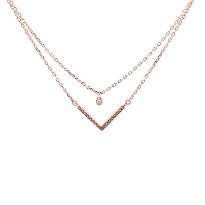 Zircon and V Layered Pendant Chain (Pure Silver) - Rose Gold