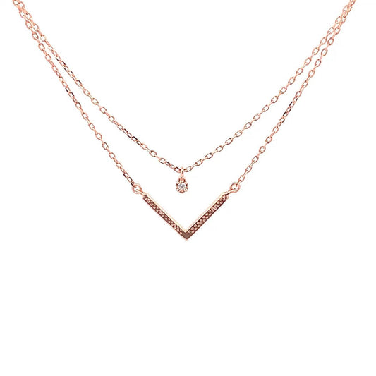 Zircon and V Layered Pendant Chain (Pure Silver) - Rose Gold