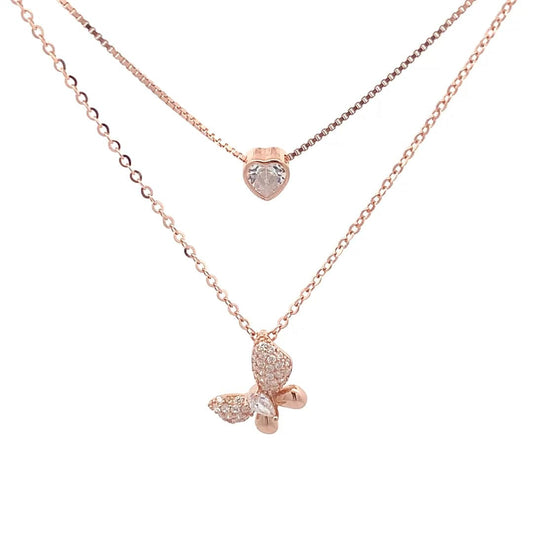 Sparkle Butterfly & Heart Pendant Chain (Pure Silver) - Rose Gold