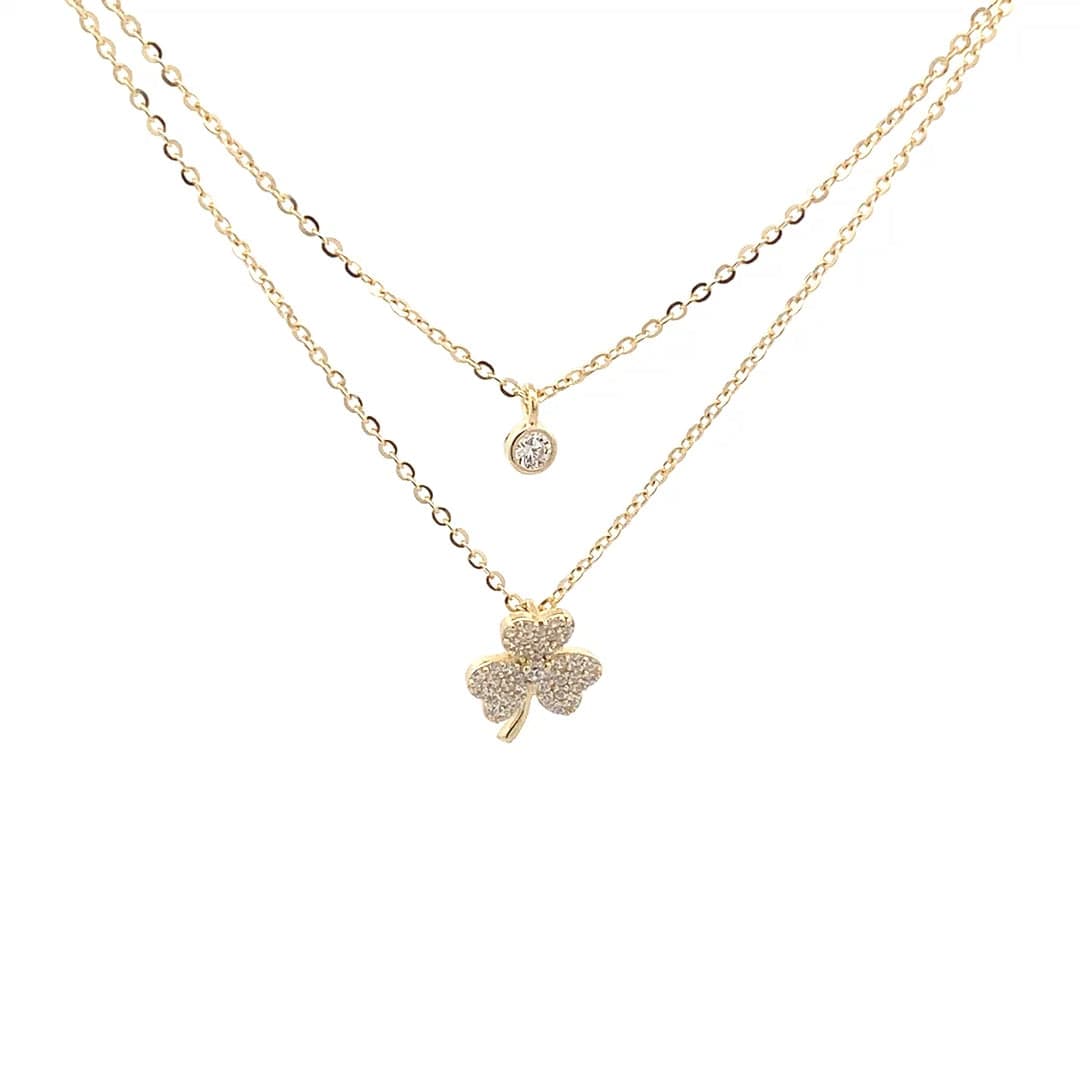 Double Layer three Leaf Clover Pendant Chain (Pure Silver) - Gold