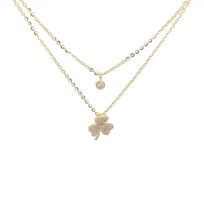 Double Layer three Leaf Clover Pendant Chain (Pure Silver) - Gold