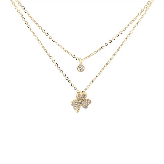 Double Layer three Leaf Clover Pendant Chain (Pure Silver) - Gold