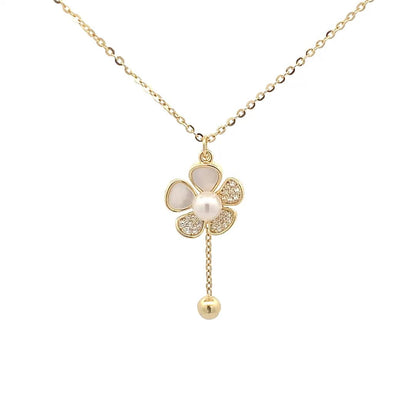 Pearl Blossom Drop Pendant Chain (Pure Silver) - Gold