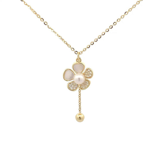 Pearl Blossom Drop Pendant Chain (Pure Silver) - Gold