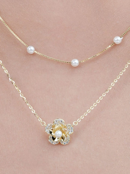 Double Layered Pearl Floral  Pendant Chain (Pure Silver)