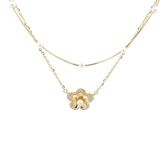 Double Layered Pearl Floral  Pendant Chain (Pure Silver) - Gold
