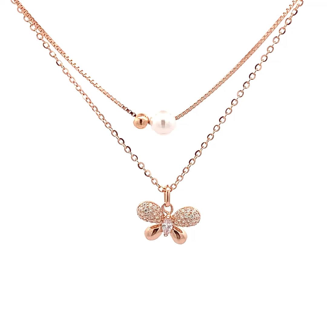 Layered Pearl Wings Pendant Chain (Pure Silver) - Rose Gold