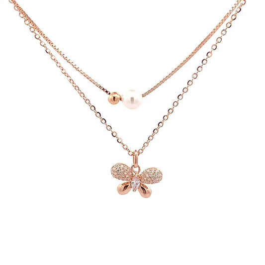 Layered Pearl Wings Pendant Chain (Pure Silver) - Rose Gold
