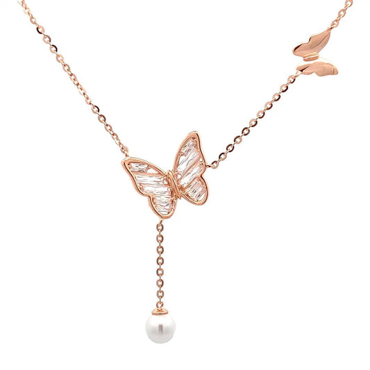 Baguette Butterfly Pearl Drop Pendant Chain (Pure Silver) - Rose Gold