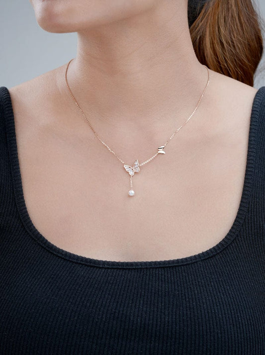 Baguette Butterfly Pearl Drop Pendant Chain (Pure Silver) - Rose Gold