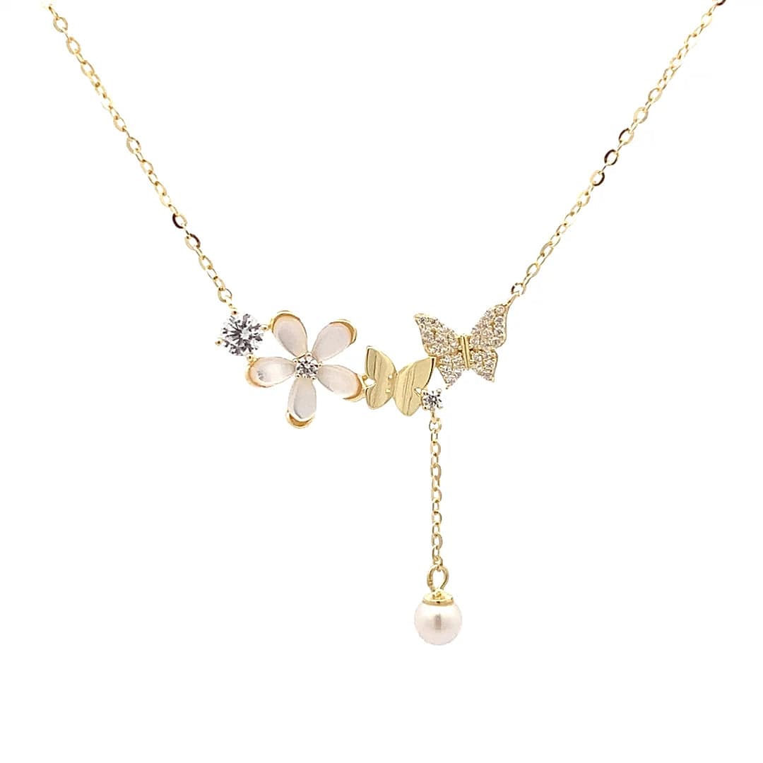 Blooming Butterfly Pearl Drop Pendant Chain (Pure Silver) - Gold