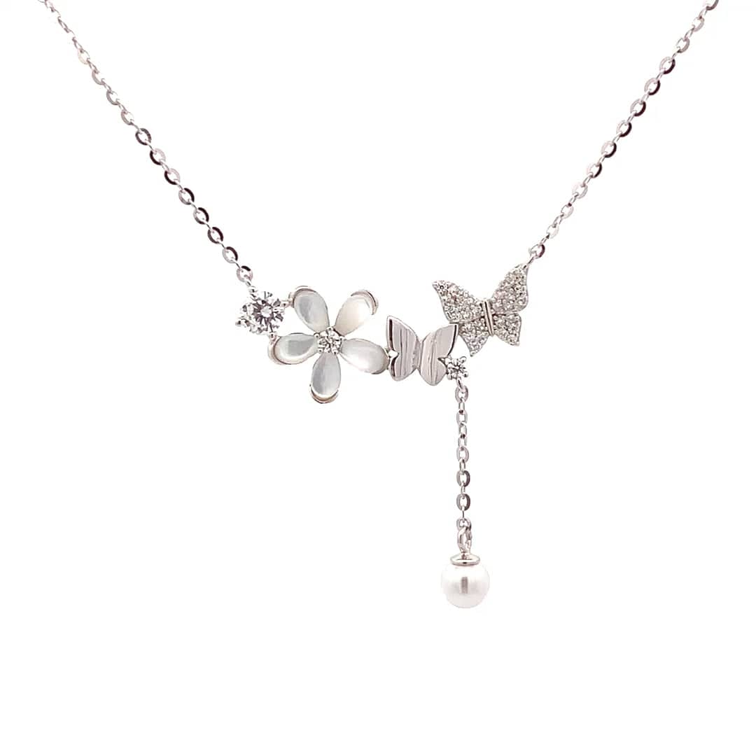 Blooming Butterfly Pearl Drop Pendant Chain (Pure Silver) - Silver